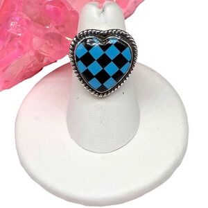 Turquoise & Onyx Checkerboard Heart Shaped Ring Size 6 Solid 925 Sterling Silver